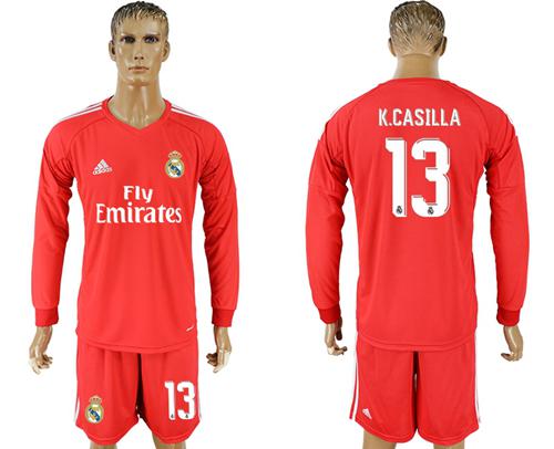 Real Madrid #13 K.Casilla Red Goalkeeper Long Sleeves Soccer Club Jersey